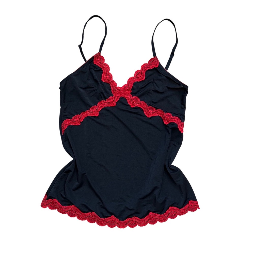 Vtg Grunge Mesh Camisole Red Lace Trim Black Tank Top M y2k whimsigoth sexy